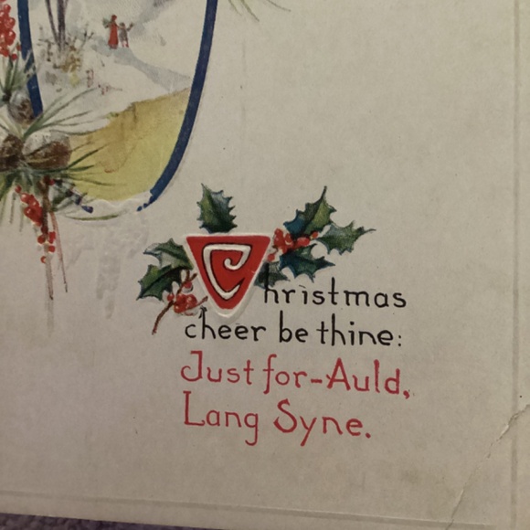 New Vintage Christmas Postcard Auld Lang Syne Winter Scene Pinecones Holly - Picture 4 of 9